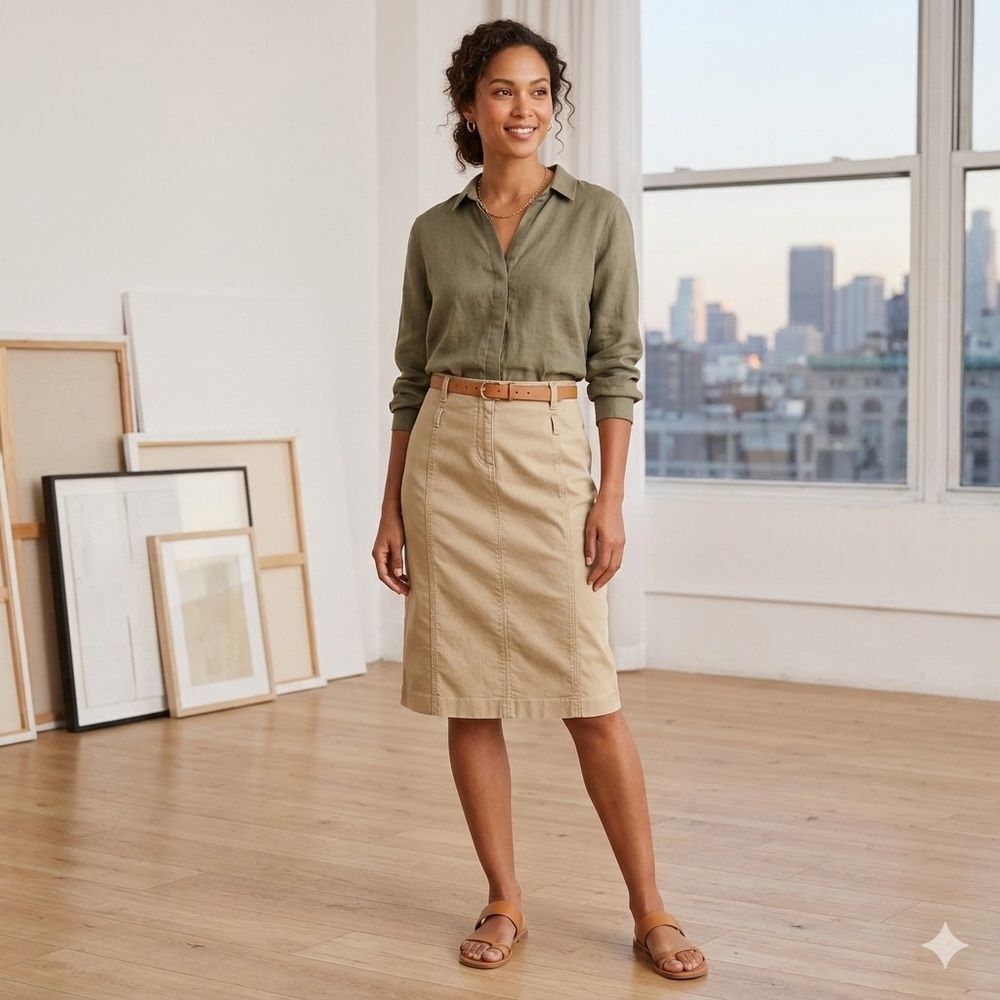 CITY  DKNY Casual Beige Stretch Skirt Size 2‎